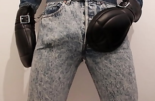 BoundInLevis - rubbing and cumming in acid wash levis with leather mitts