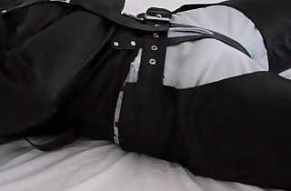 BoundInLevis - bound to bed cumming in levis leather chaps and straitjacket