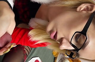 Christmas Girl Hot Nerdy Glasses Secretary teasing cock by giving a handjob as Miss Santa to get precum before making it cum already