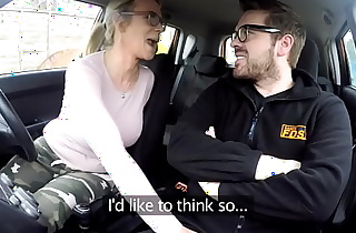 Busty BJ MILF fucked outdoor in car by driving instructor