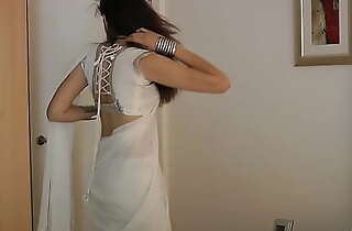 Indian College Girl Jasmine Mathur In White Indian Sari