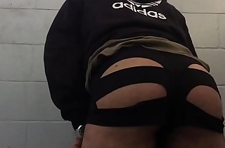 To we see Pantyboy showing off his far-out booty shorts To a car park toilet