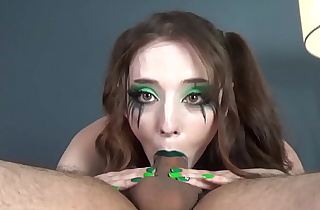 Big Titty Goth Bitch with GREEN Lip liner  and Make-up Receives Jism Shot Directly Come into possession of Her Stomach!